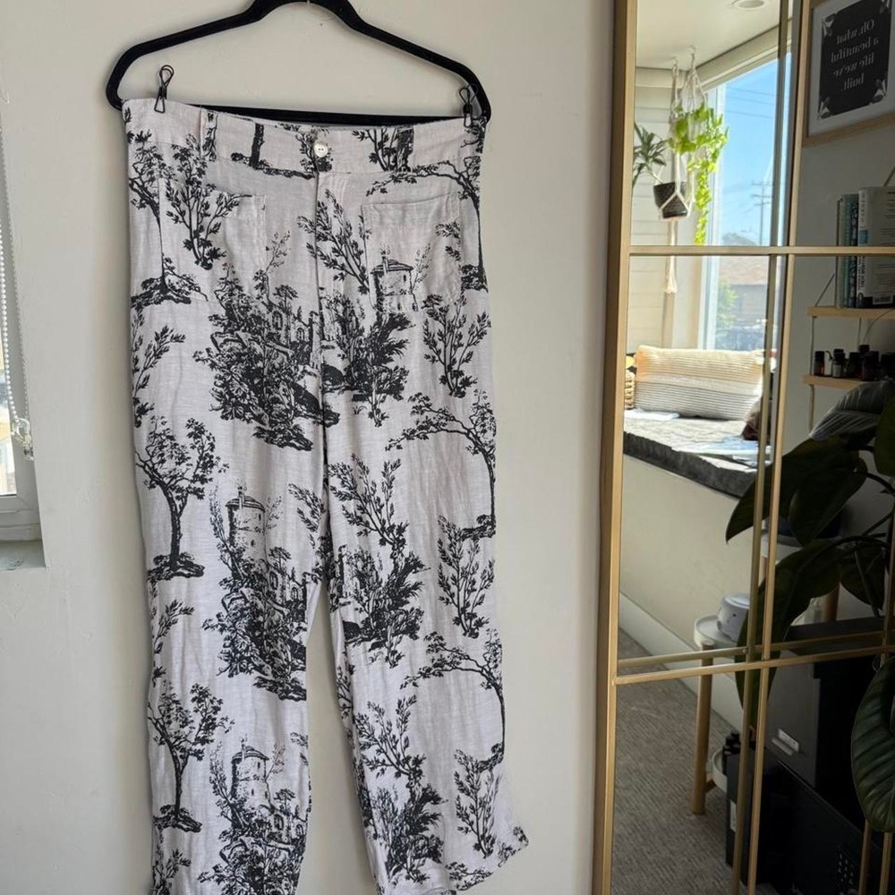 Joie 100% Linen Toile Print Pants Ivory Black Relaxed Straight Leg Size 10